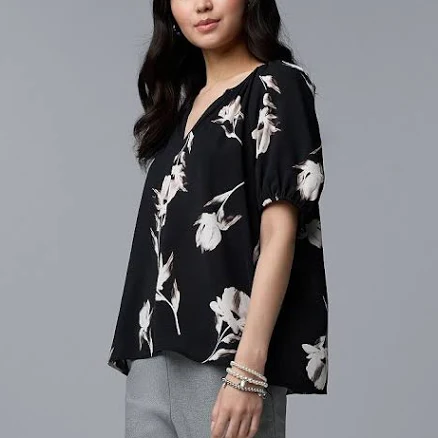 Women's Simply Vera Vera Wang Shirred Blouse, Size: Small, Black White Floral