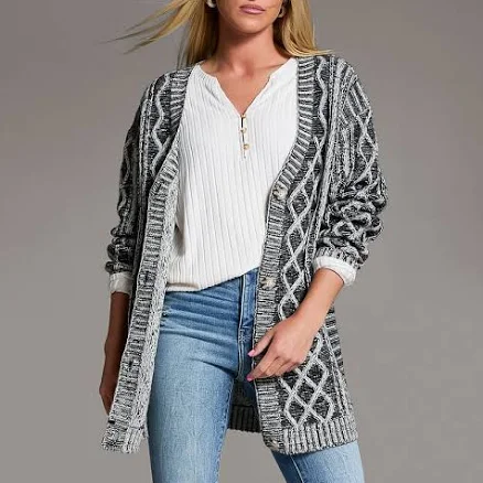 BKE Women's Polyester Plated Cable Stitch Cardigan Sweater