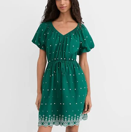 Loft Women's Petite Eyelet Puff Sleeve Mini Dress with Pockets