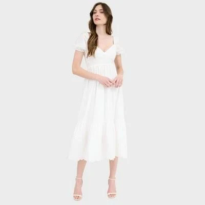 AUGUST Sky Women's Puff Sleeve Embroidered Hem Maxi Dress