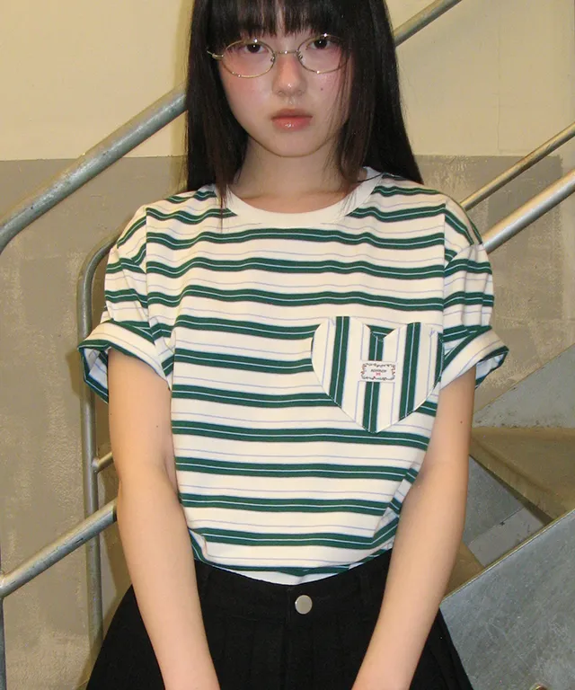 MULTI STRIPE HEART POCKET BASIC FIT T SHIRT DEEP GREEN