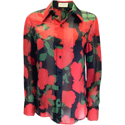 Saint Laurent Women's Rose-Print Silk Button-Down Shirt