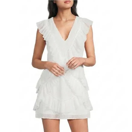 Lulus Nova Pleated V-Neck Sleeveless Ruffle Mini Dress Womens Juniors