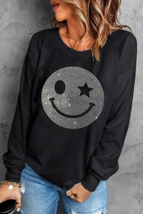 Rhinestone Smile Long Sleeve Sweatshirt