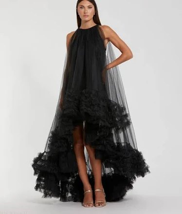 Mac Duggal High-Neck Sleeveless Ruffled Hem Tulle Gown
