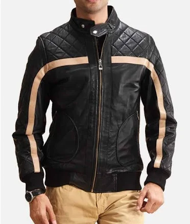 Men's Genuine Leather Striped Quilted Bomber Jacket