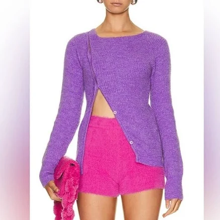 Jacquemus La Maille Pau Purple Alpaca Wool Asymmetrical Button Sweater