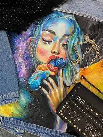 Women Hand Painted Denim Jacket Space Girl Designer Handmade Size S,