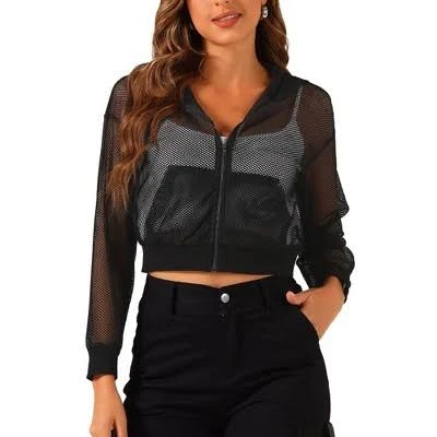 Inspire Chic Women's Hoodie Zip Up 2023 Fashion Mesh Sheer Bomber Jackets