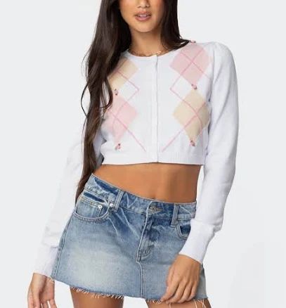 Edikted Women's Francis Cropped Argyle Knit Cardigan