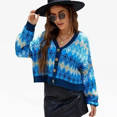 Argyle Women's Cropped Batswing Sleeve Color Block Sweater Cardigan