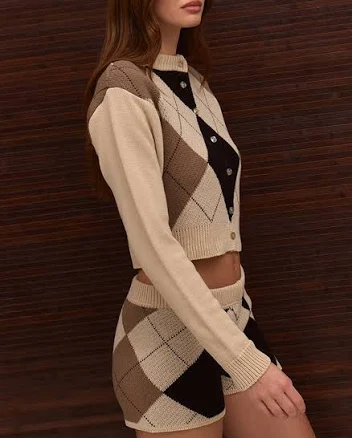 PrettyLittleThing Women's Argyle Cropped Knitted Cardigan