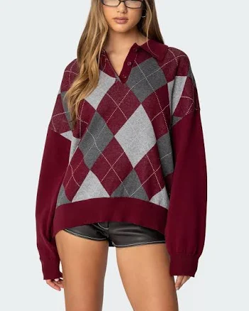 Edikted Women's Argyle Oversized Cotton Polo Sweater
