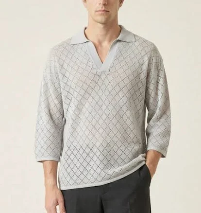 Modenaire Men's Textured Open Collar Knit Polo Top