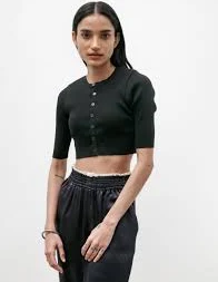 Giza High Gauge Ribbed Short Cardigan Black