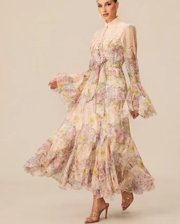Alessia Floral Print Ruffle Cuff Maxi Dress