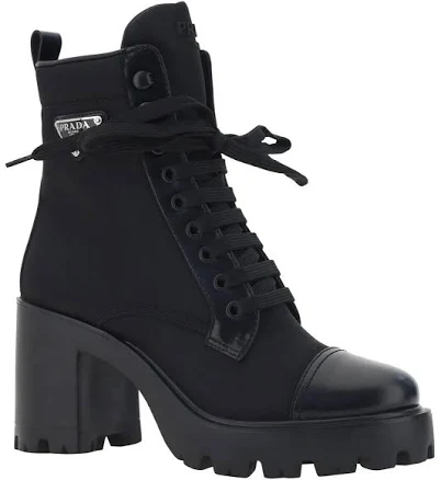 Prada Re-nylon Leather Triangle Logo Lug Platform Black Ankle Boots