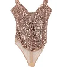 Revolve x Free People Fairy Glam Sequin Sheer Sparks Fly Bodysuit Rose Gold XS