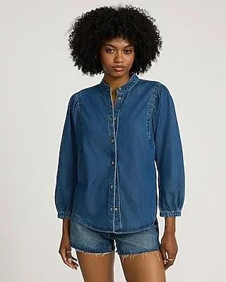 Express Women's Stand Collar Button Up Puff Sleeve Denim Shirt