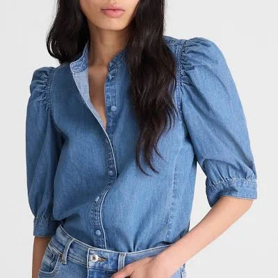 Madewell Women's Puff-Sleeve Band-Collar Denim Shirt