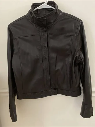 Eb International Leather Cropped Jacket Black Soft Leather Snapup