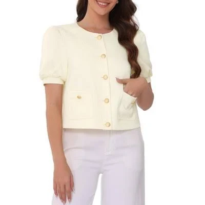 Inspire CHIC Women's Cropped Puff Short Sleeve Tweed Jacket