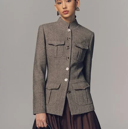 Herringbone Stand Collar Multi-Pocket Jacket