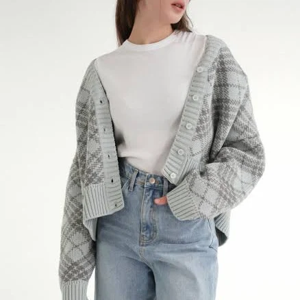 VLETI Check Jacquard Knit Cardigan
