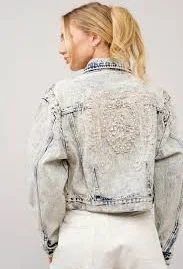 Acid Washed Shoulder Beading Denim Jacket