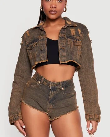 Womens Acid Wash Denim Cropped Distressed Jacket, Brown, Size L - Rainbow Shops