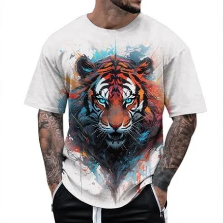 Men's Loose Crew Neck Tiger Printed Short Sleeve T-shirt