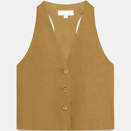 Zara - Linen Buttoned Vest - Ocher - Xs - Woman