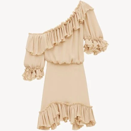Saint Laurent Ruffled Dress In Silk Crepon Muslin - Beige - Women - F38