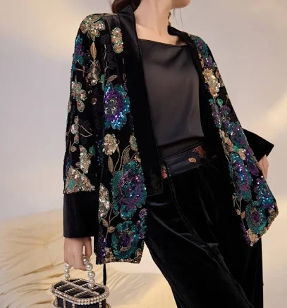 Embroidered Black Sequin Jacket Women
