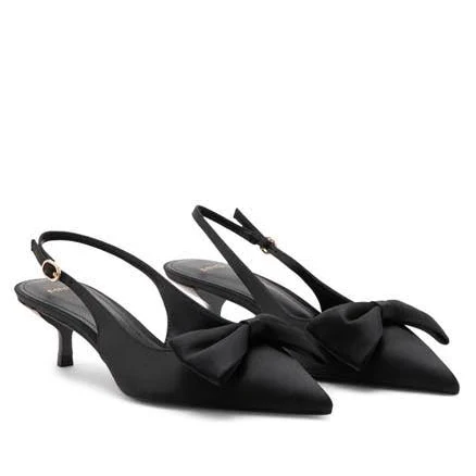 MANGO Women's Satin Bow Slingback Kitten Heel Pumps