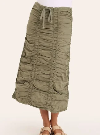 Core by XCVI Shirred Drawstring Midi Skirt in Stretch Poplin in Green XL / Hillside by XCVI