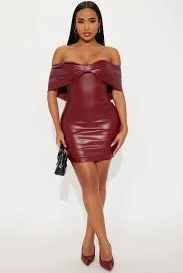 Elizabeth Bow Faux Leather Mini Dress - Wine