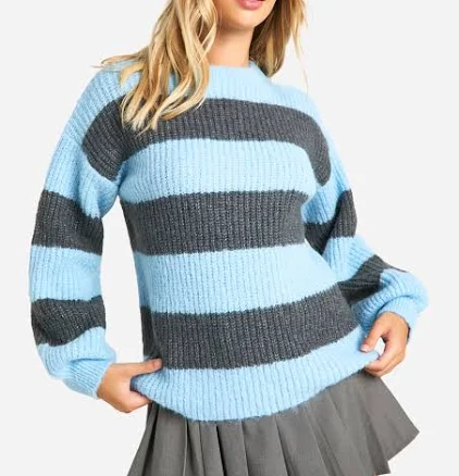 boohoo Women's Knitted Oversized Crew Neck Stripe Jumper - Blue
