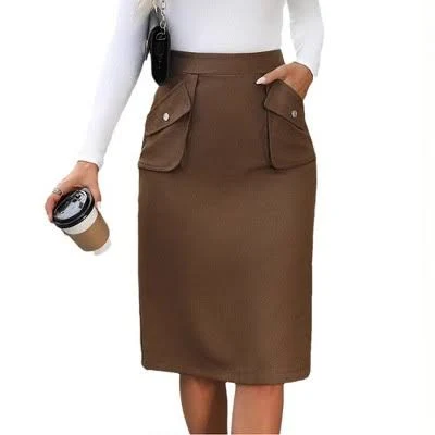 Garvee Women's High-Waisted Elastic Waist Midi Skirt with Patch Pocket
