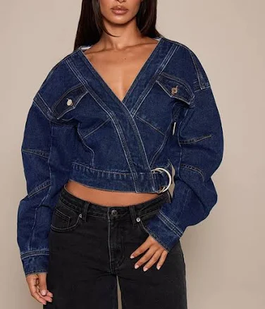 PrettyLittleThing Women's Petite Wrap Waist Cocoon Sleeve Denim Jacket