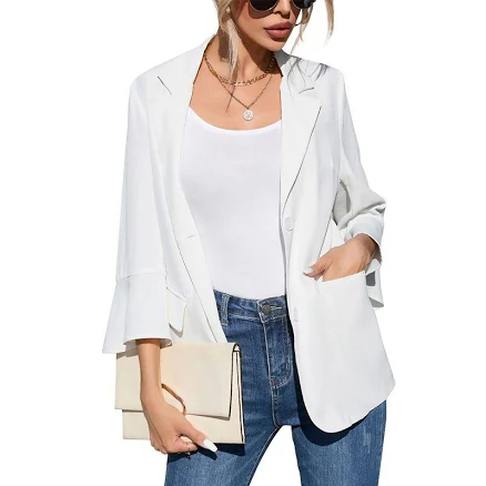 Women's Flutter Sleeve Blazer 3/4 Length Ruffle Sleeve Jacket with Pockets, Size: Large, White