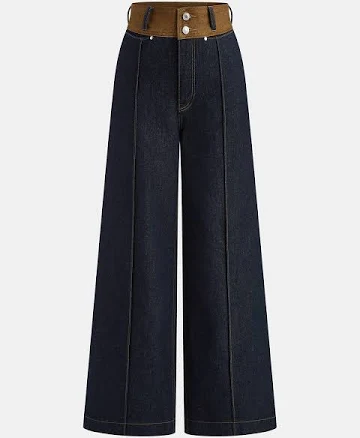 Contrast Waistband Straight-Leg Denim Pants