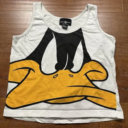 Vintage 90s Daffy Duck Crop Tank Top Women M White Warner Bros Beach