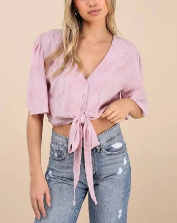 Lulus Floral Embroidered Tie-Front Crop Top