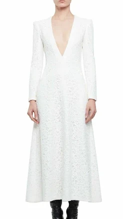 Saint Laurent Long-sleeve Plunging V-neck Dress Shell White Maxi Size