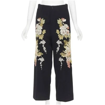 Gucci 2017 Black Wool Chrysanthemum Floral Embroidery Wide Leg Trousers It38 Xs