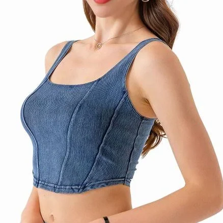 Women's Square Neck Sleeveless Corset Denim Top Asymmetrical Hem High Elasticity Crop Tank Top Middle Blue XL