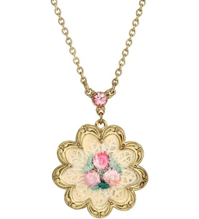 Knit Flower Pendant Necklace with Crystal Accent