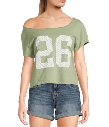 Originality Off The Shoulder Varsity Number Graphic T-Shirt