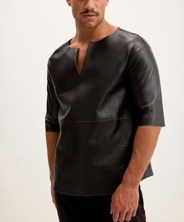Ron Tomson Men's Lambskin Leather V-Neck Shirt